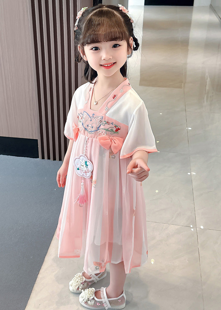 Cute Pink Embroidered Patchwork Bow Chiffon Kids Maxi Dress Summer