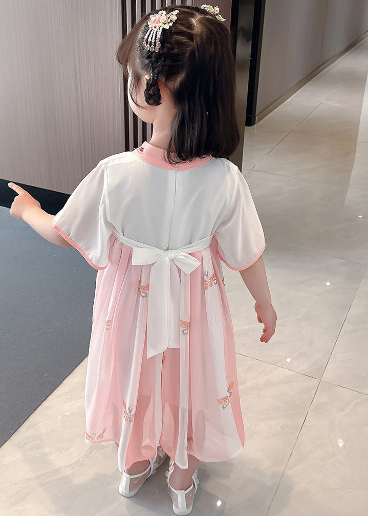 Cute Pink Embroidered Patchwork Bow Chiffon Kids Maxi Dress Summer