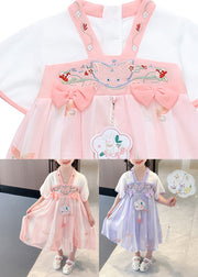 Cute Pink Embroidered Patchwork Bow Chiffon Kids Maxi Dress Summer