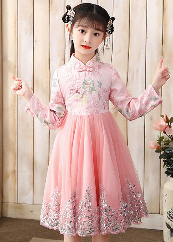 Cute Pink Embroideried Patchwork Tulle Girls Long Dress Fall