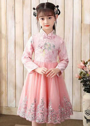 Cute Pink Embroideried Patchwork Tulle Girls Long Dress Fall