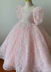 Cute Pink Embroideried Patchwork Tulle Kids Long Dresses Summer