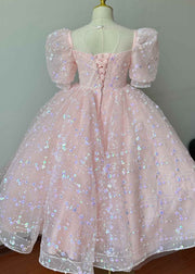 Cute Pink Embroideried Patchwork Tulle Kids Long Dresses Summer