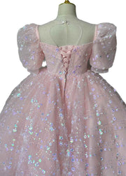 Cute Pink Embroideried Patchwork Tulle Kids Long Dresses Summer