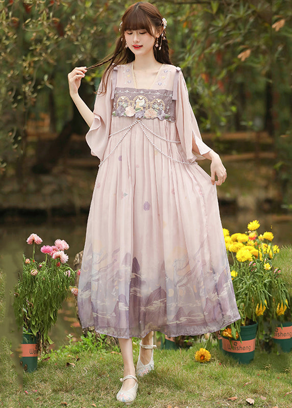 Cute Pink Embroidered Wrinkled Patchwork Chiffon Dress Half Sleeve