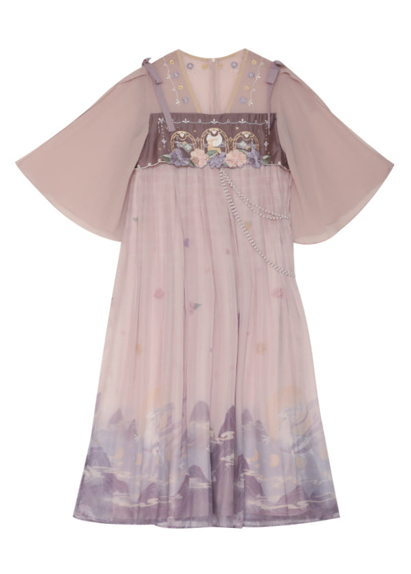 Cute Pink Embroideried Wrinkled Patchwork Chiffon Dress Half Sleeve