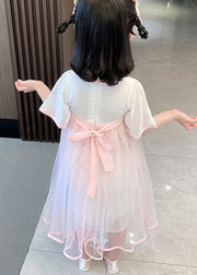 Cute Pink Embroidered Wrinkled Patchwork Tulle Baby Girls Dress Summer