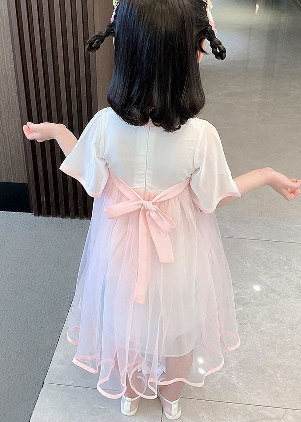 Cute Pink Embroideried Wrinkled Patchwork Tulle Baby Girls Dress Summer