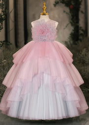 Cute Pink Floral Patchwork Tulle Kids Maxi Dress Summer