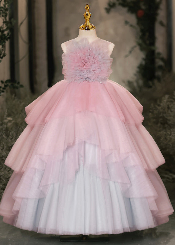 Cute Pink Floral Patchwork Tulle Kids Maxi Dress Summer