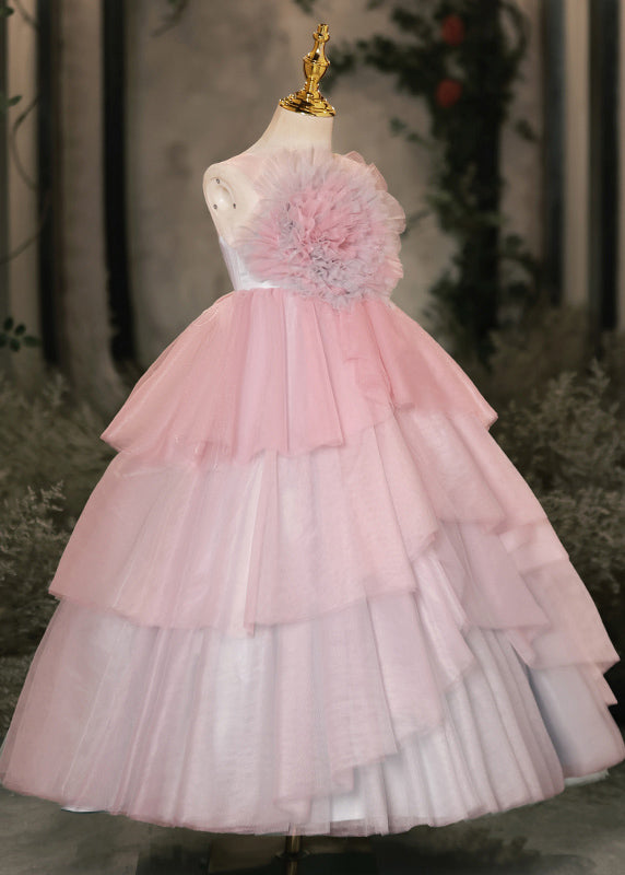 Cute Pink Floral Patchwork Tulle Kids Maxi Dress Summer