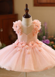 Cute Pink Floral Patchwork Zircon Tulle Girls Long Dresses Sleeveless