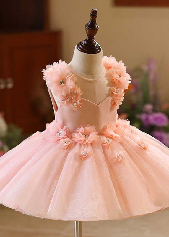 Cute Pink Floral Patchwork Zircon Tulle Girls Long Dresses Sleeveless