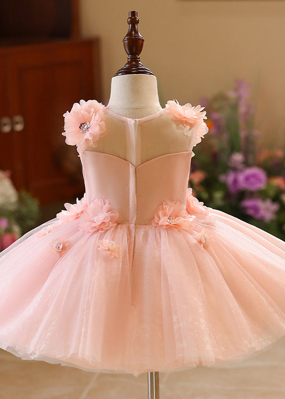 Cute Pink Floral Patchwork Zircon Tulle Girls Long Dresses Sleeveless