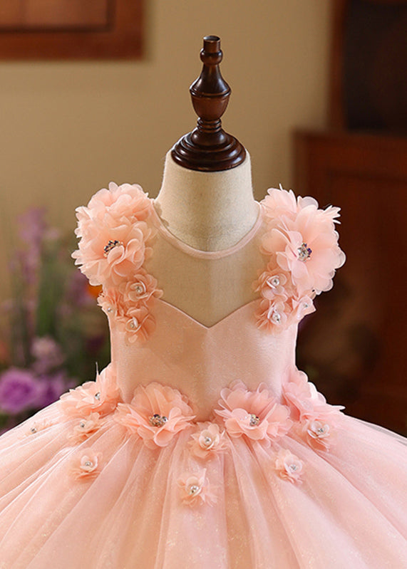 Cute Pink Floral Patchwork Zircon Tulle Girls Long Dresses Sleeveless