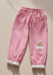 Cute Pink Floral Pockets Kids Trousers Spring