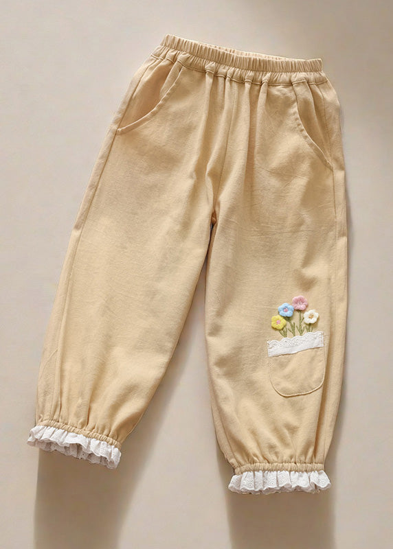 Cute Pink Floral Pockets Kids Trousers Spring