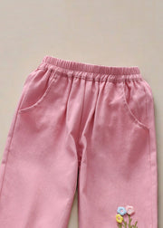 Cute Pink Floral Pockets Kids Trousers Spring