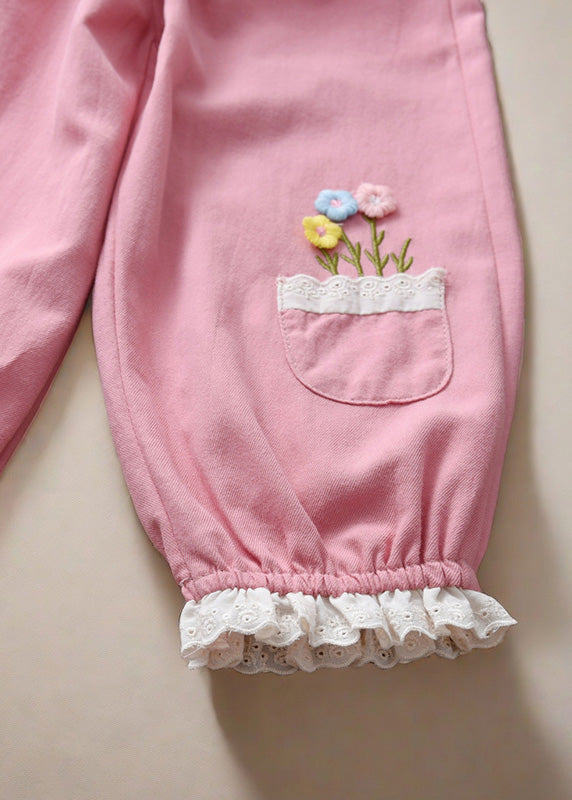 Cute Pink Floral Pockets Kids Trousers Spring