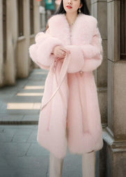 Cute Pink Fox Collar Tie Waist Long Coats Spring