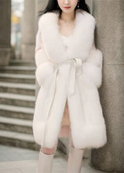 Cute Pink Fox Collar Tie Waist Long Coats Winter