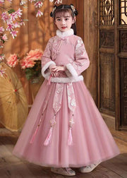 Cute Pink Fur Collar Embroidered Girls Coats And Tulle Maxi Skirts Two Pieces Set Winter