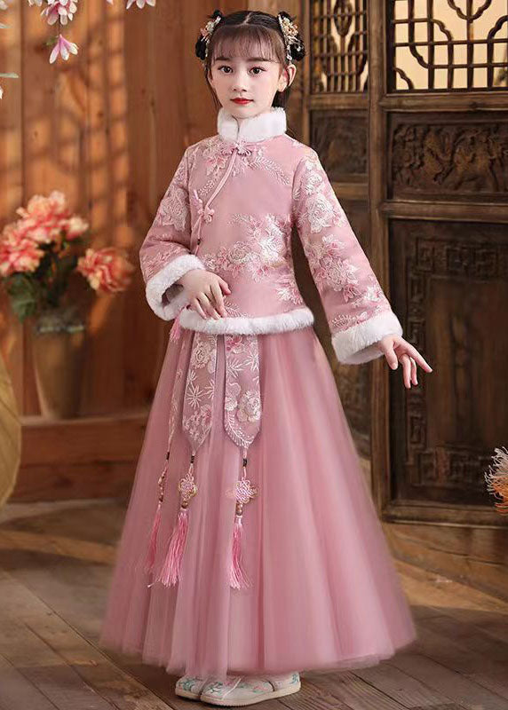 Cute Pink Fur Collar Embroideried Girls Coats And Tulle Maxi Skirts Two Pieces Set Winter