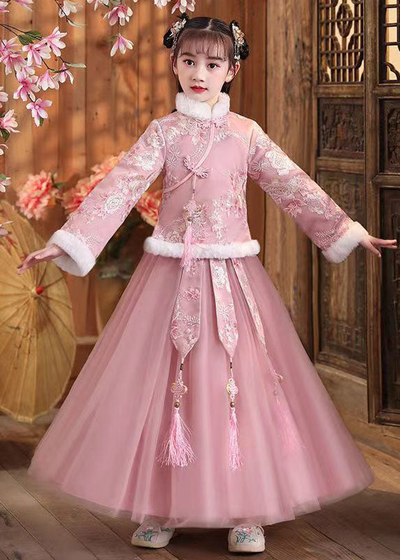 Cute Pink Fur Collar Embroideried Girls Coats And Tulle Maxi Skirts Two Pieces Set Winter