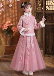 Cute Pink Fur Collar Embroidered Girls Coats And Tulle Maxi Skirts Two Pieces Set Winter