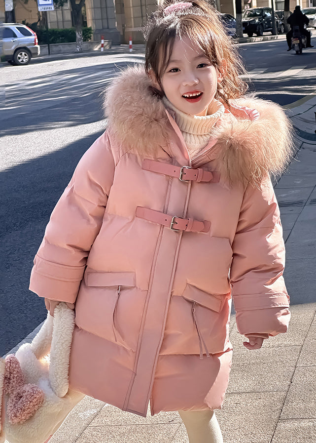 Cute Pink Fur Collar Patchwork Button Girls Down Coat Spring