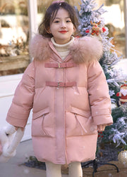 Cute Pink Fur Collar Patchwork Button Girls Down Coat Spring