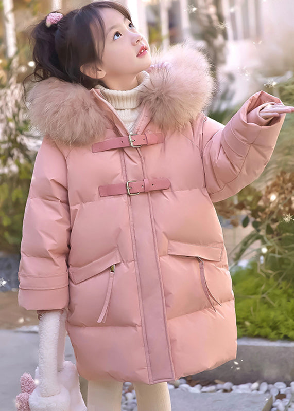 Cute Pink Fur Collar Patchwork Button Girls Down Coat Winter