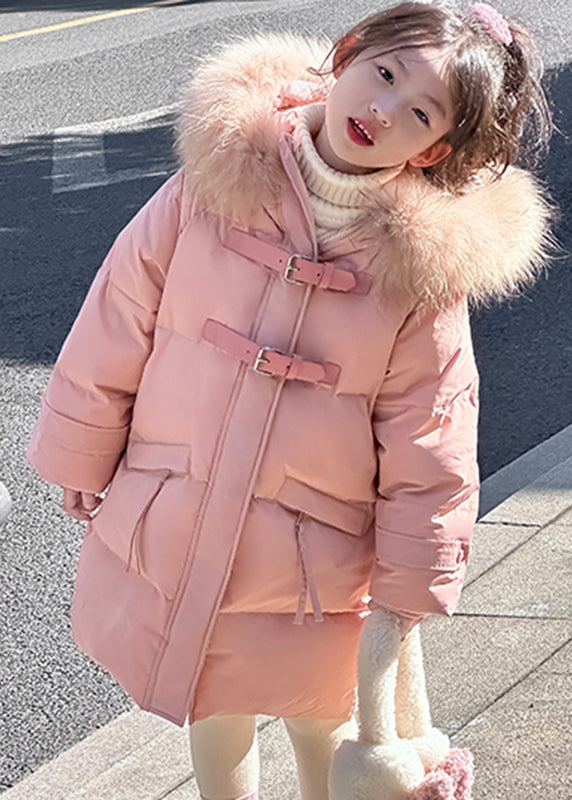 Cute Pink Fur Collar Patchwork Button Girls Down Coat Spring