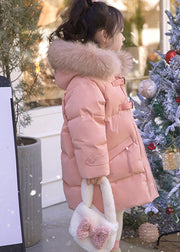 Cute Pink Fur Collar Patchwork Button Girls Down Coat Spring