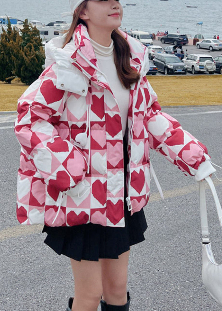 Cute Pink Hooded Heart Print Fine Cotton Filled Jacket In Winter