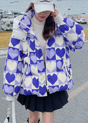 Cute Pink Hooded Heart Print Fine Cotton Filled Jacket In Winter