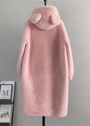 Cute Pink Hooded Pockets Mink Cashmere Coats Winter