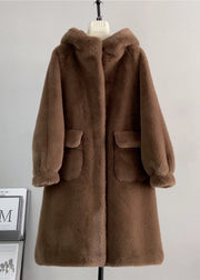 Cute Pink Hooded Pockets Mink Cashmere Coats Winter