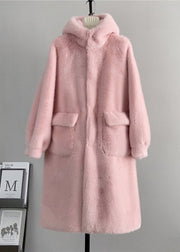 Cute Pink Hooded Pockets Mink Cashmere Coats Winter