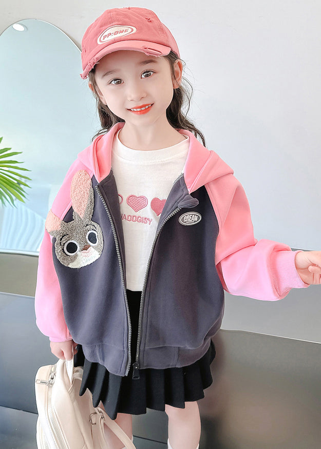 Cute Pink Hooded Print Patchwork Cotton Girls Coats Fall