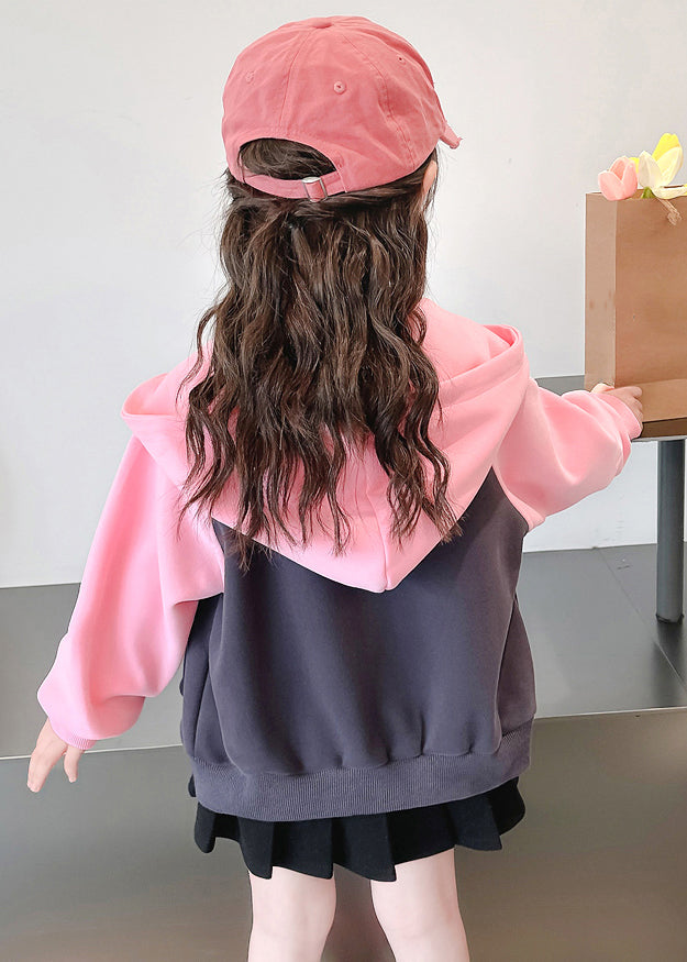 Cute Pink Hooded Print Patchwork Cotton Girls Coats Fall