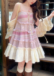 Cute Pink Lace Up Ruffled Knit Mid Dress Sleeveless