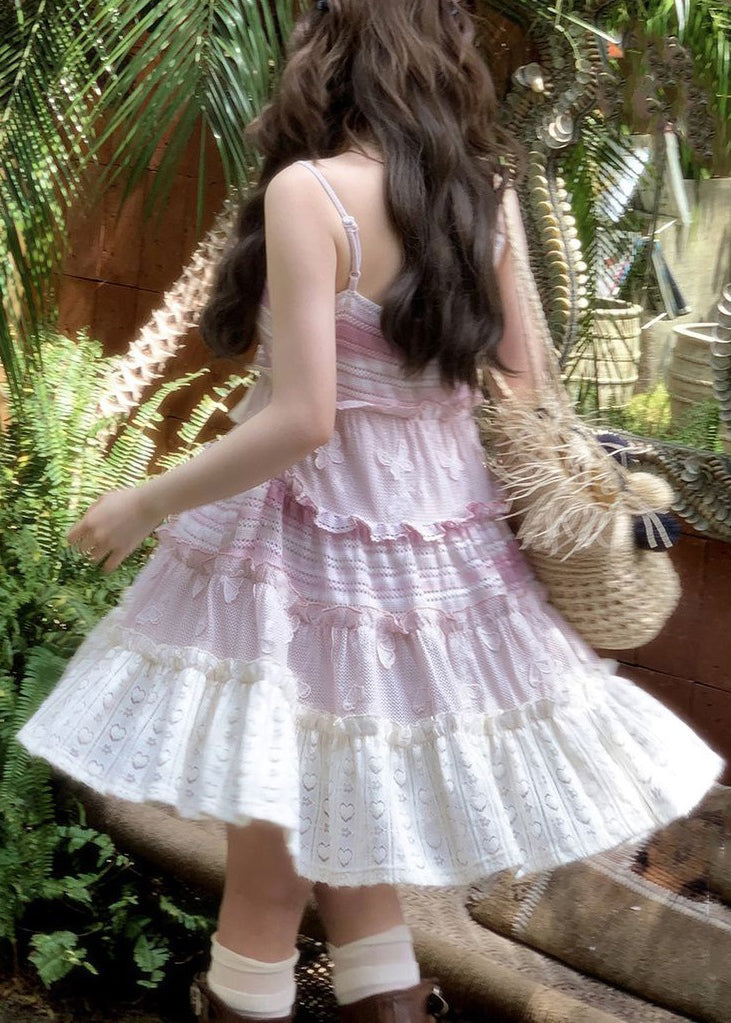 Cute Pink Lace Up Ruffled Knit Mid Dress Sleeveless