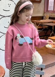 Cute Pink Little Dog Print Cotton Knit Girls Sweater Spring