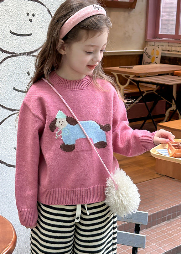 Cute Pink Little Dog Print Cotton Knit Girls Sweater Spring