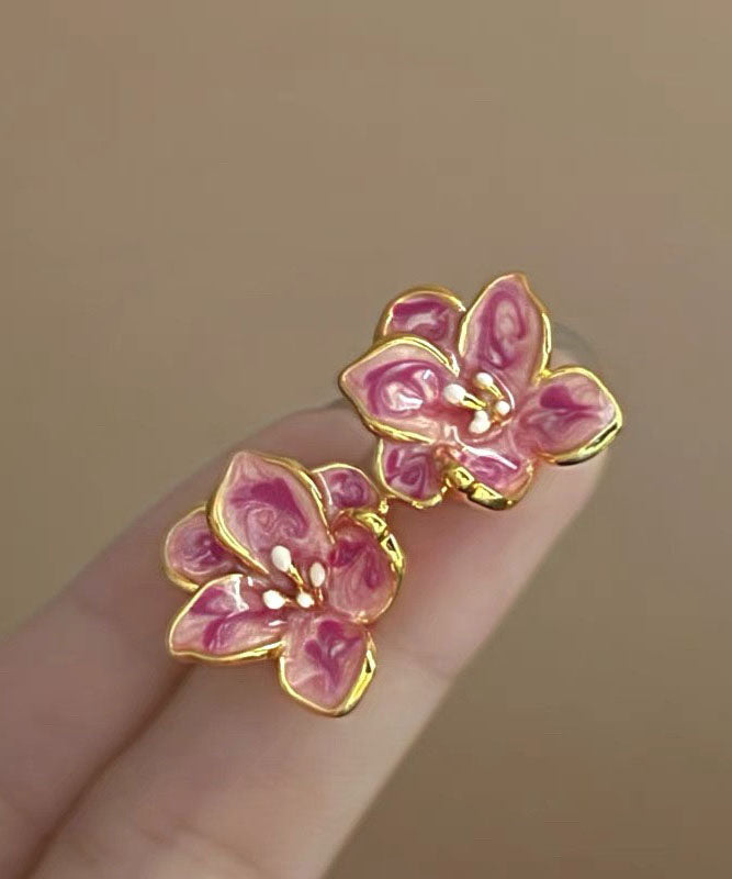 Cute Pink Metal Drip Glaze Floral Stud Earrings