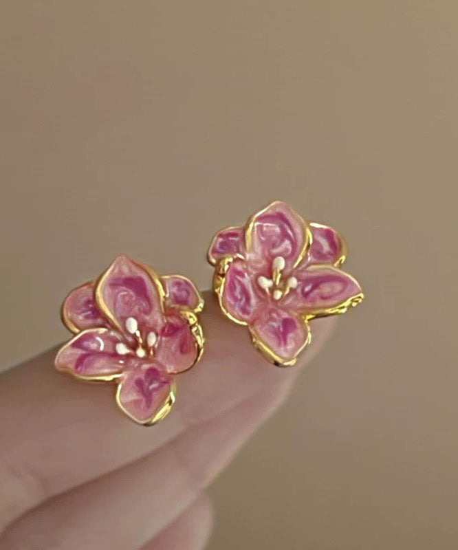 Cute Pink Metal Drip Glaze Floral Stud Earrings