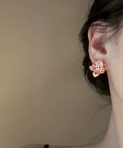 Cute Pink Metal Drip Glaze Floral Stud Earrings