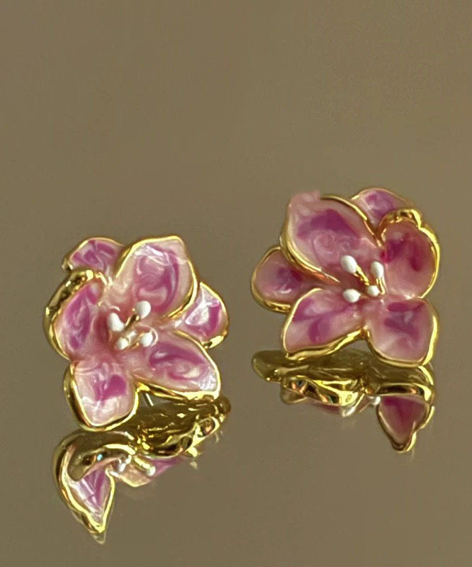 Cute Pink Metal Drip Glaze Floral Stud Earrings