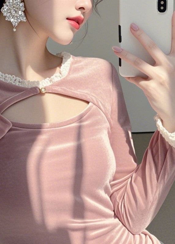 Cute Pink O-Neck Asymmetrical Silk Velour Tops Spring